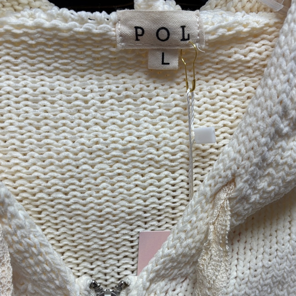 POL Cream and Navy Striped Zip Hoodie with Crocheted Floral details Large New - Picture 4 of 6